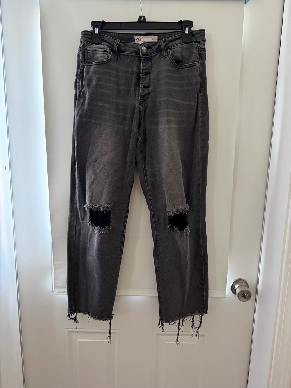 RSQ Women’s Black Washed Slim Straight Jeans with Knee Rips